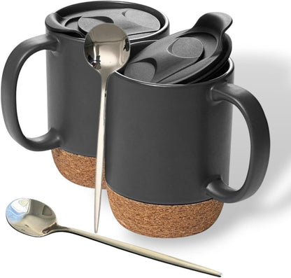 Coffee Mugs Set of 2, 15 oz Ceramic Mugs with Lid, Spill Resistant, Black | Spill-Resistant Sliding Lid, Non-Slip Base, Includes 2 Stainless Steel Spoons