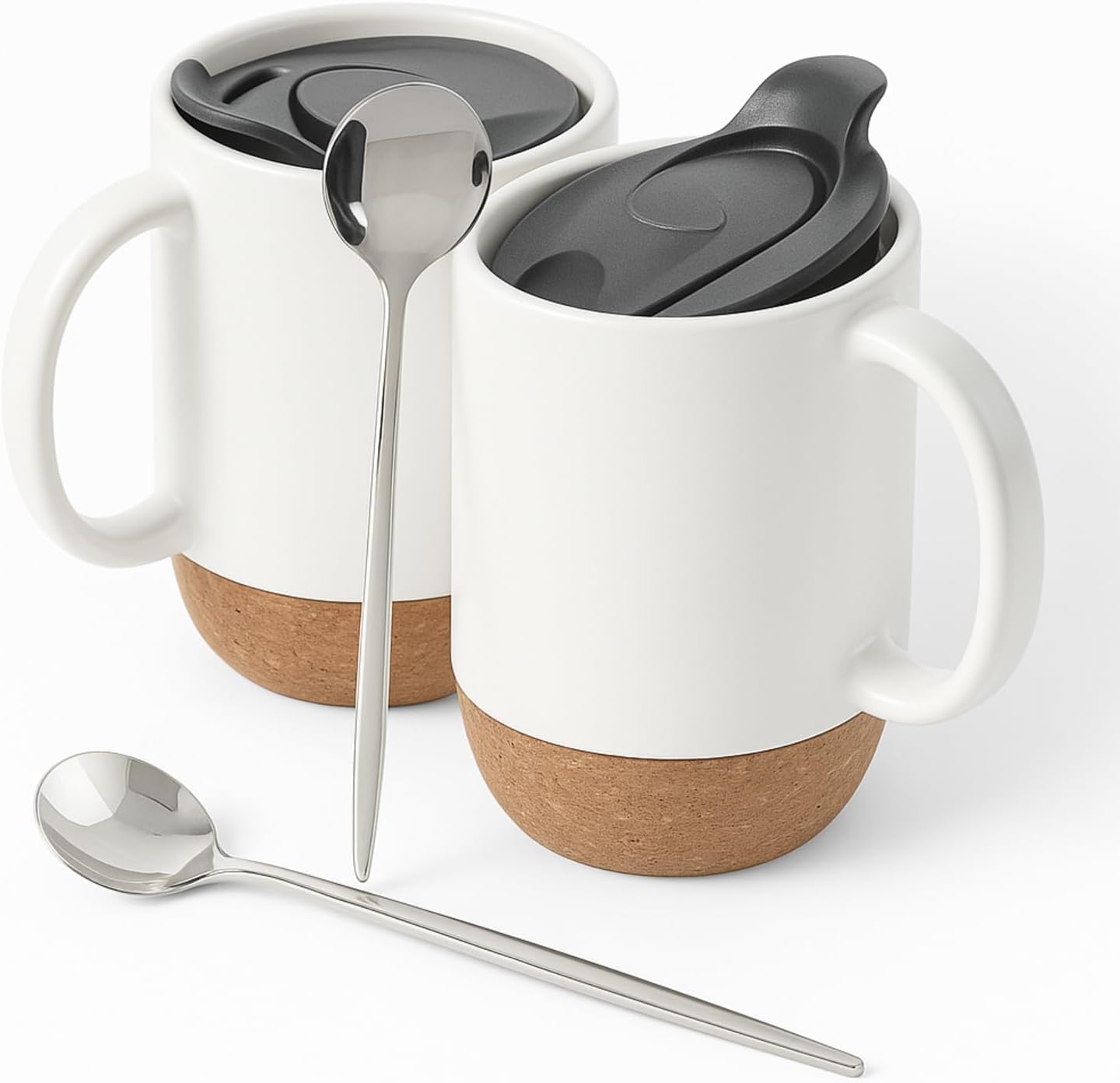 Coffee Mugs Set of 2, 15 oz Ceramic Mugs with Lid, Spill Resistant, Black | Spill-Resistant Sliding Lid, Non-Slip Base, Includes 2 Stainless Steel Spoons
