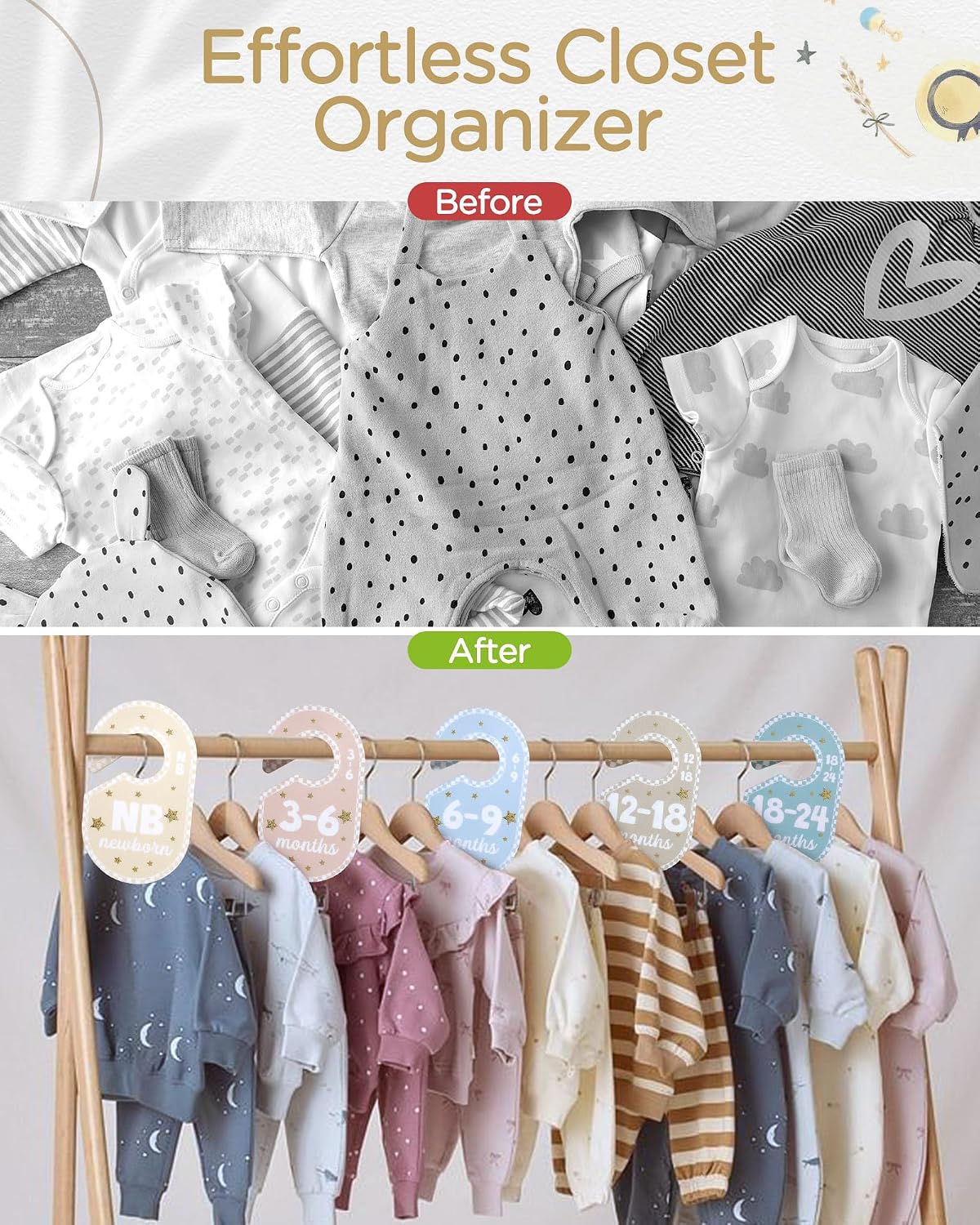 Baby Closet Dividers for Clothes Organizer,Set of 8 Neutral Double-Sided Baby Clothes Size Labels,Nursery Organization for Newborn Clothing, Infant to 24 Months Boy & Girl