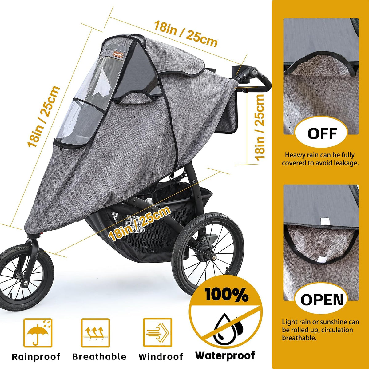 Stroller Rain Cover,Universal Stroller Accessory,Waterproof,Windproof Protection,Protect from Dust Snow,Baby Travel Weather Shield(Grey)