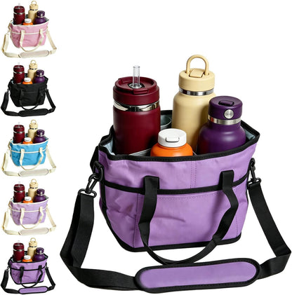 4 Compartment Drink Carrier Bag Family Size Insulated Water Bottle Holder & Tumbler Tote with Adjustable Strap Nylon Organizer Caddy with Front Pocket for Travel, Picnic, Delivery