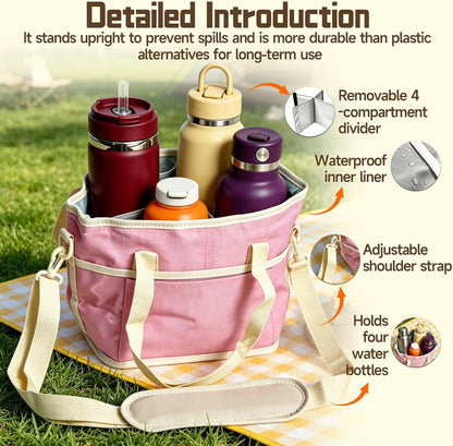 4 Compartment Drink Carrier Bag Family Size Insulated Water Bottle Holder & Tumbler Tote with Adjustable Strap Nylon Organizer Caddy with Front Pocket for Travel, Picnic, Delivery
