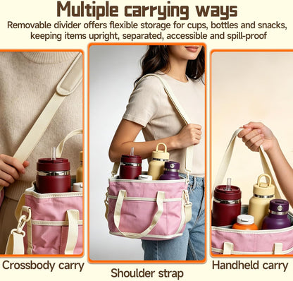 4 Compartment Drink Carrier Bag Family Size Insulated Water Bottle Holder & Tumbler Tote with Adjustable Strap Nylon Organizer Caddy with Front Pocket for Travel, Picnic, Delivery