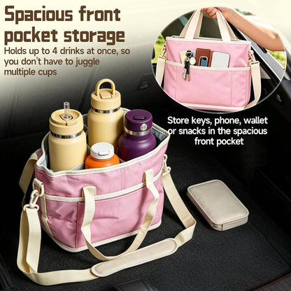 4 Compartment Drink Carrier Bag Family Size Insulated Water Bottle Holder & Tumbler Tote with Adjustable Strap Nylon Organizer Caddy with Front Pocket for Travel, Picnic, Delivery