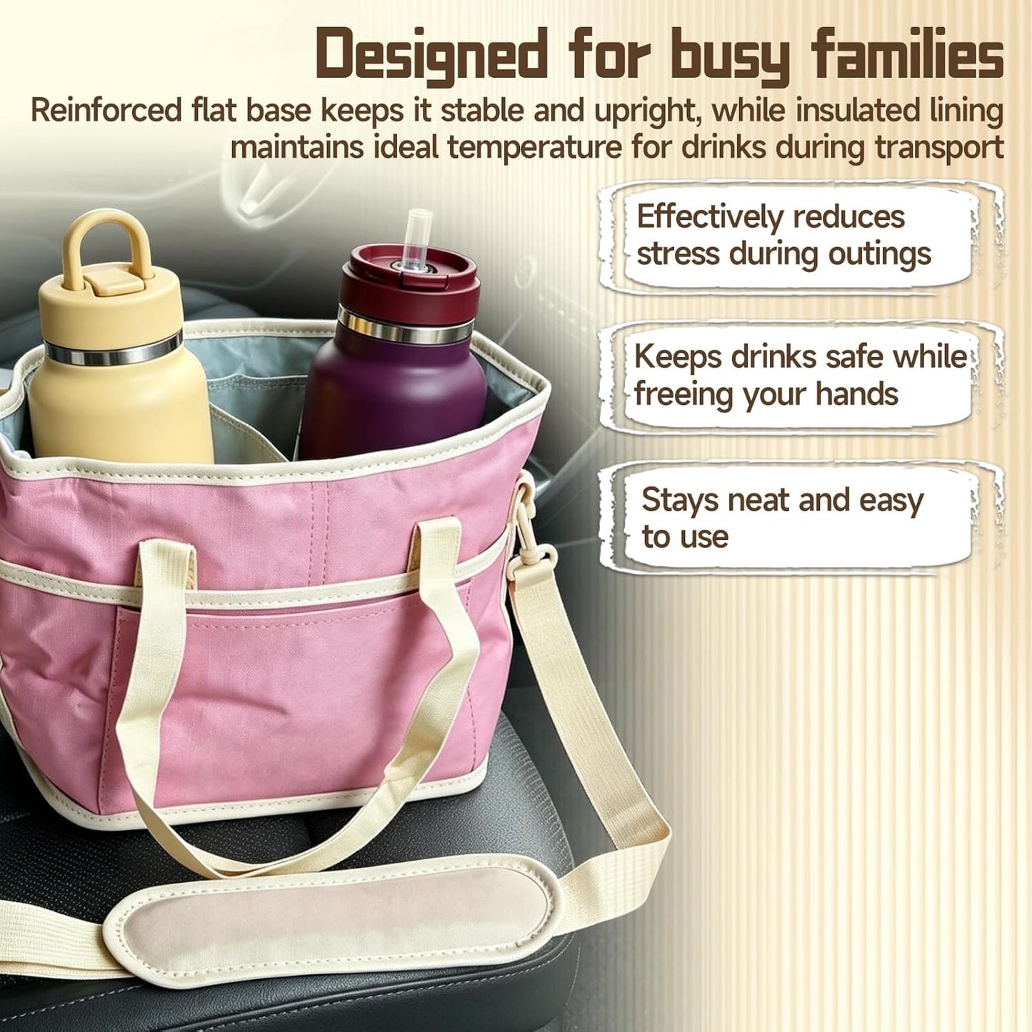 4 Compartment Drink Carrier Bag Family Size Insulated Water Bottle Holder & Tumbler Tote with Adjustable Strap Nylon Organizer Caddy with Front Pocket for Travel, Picnic, Delivery