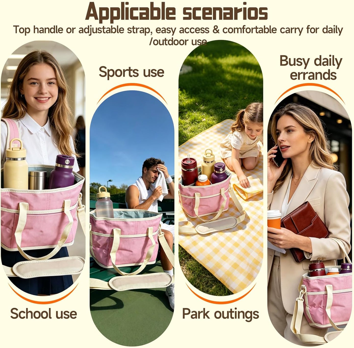 4 Compartment Drink Carrier Bag Family Size Insulated Water Bottle Holder & Tumbler Tote with Adjustable Strap Nylon Organizer Caddy with Front Pocket for Travel, Picnic, Delivery