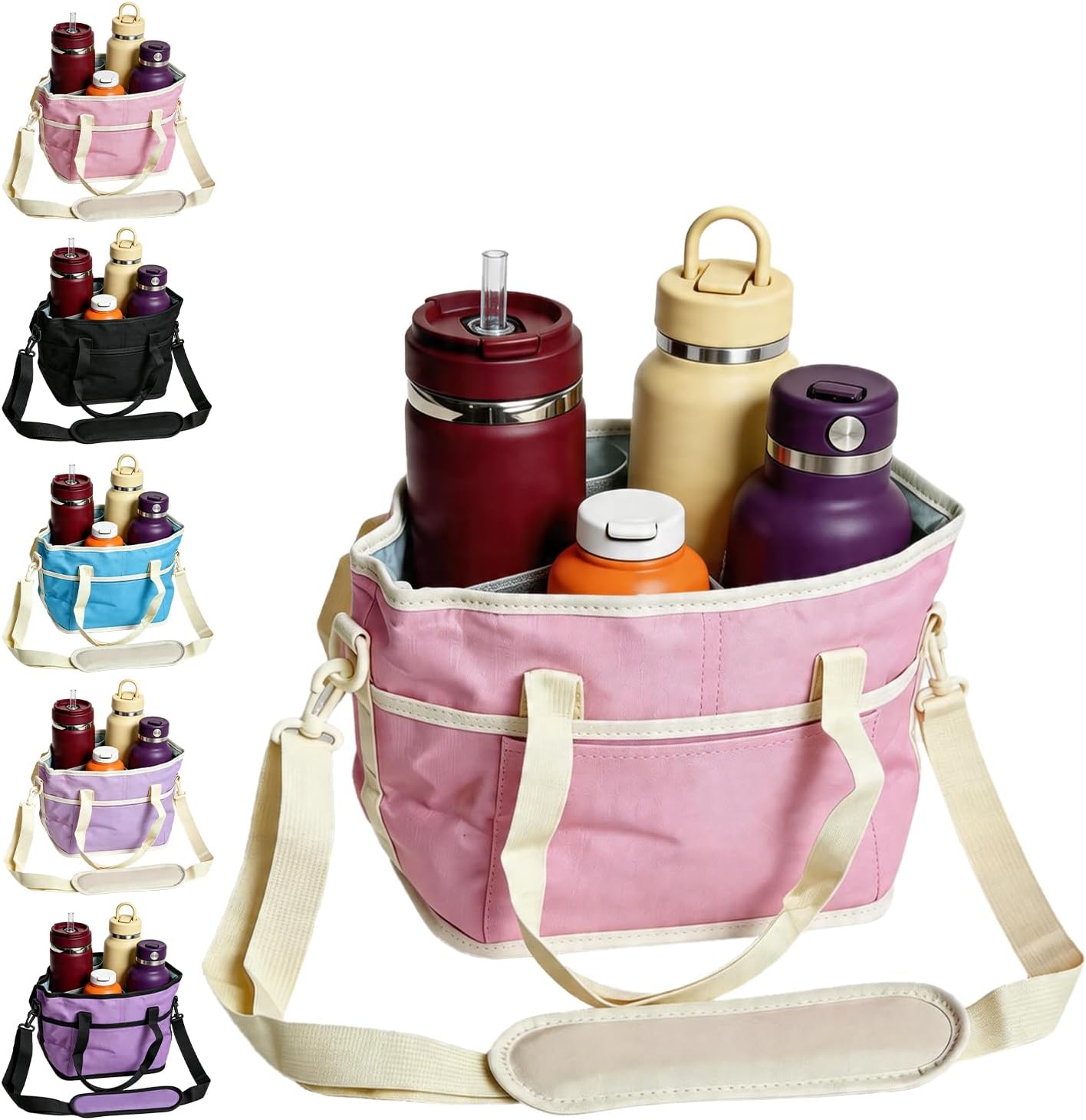 4 Compartment Drink Carrier Bag Family Size Insulated Water Bottle Holder & Tumbler Tote with Adjustable Strap Nylon Organizer Caddy with Front Pocket for Travel, Picnic, Delivery