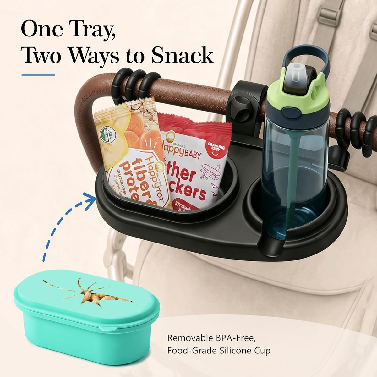 Universal Stroller Snack Tray with Spill-Resistant Silicone Cup