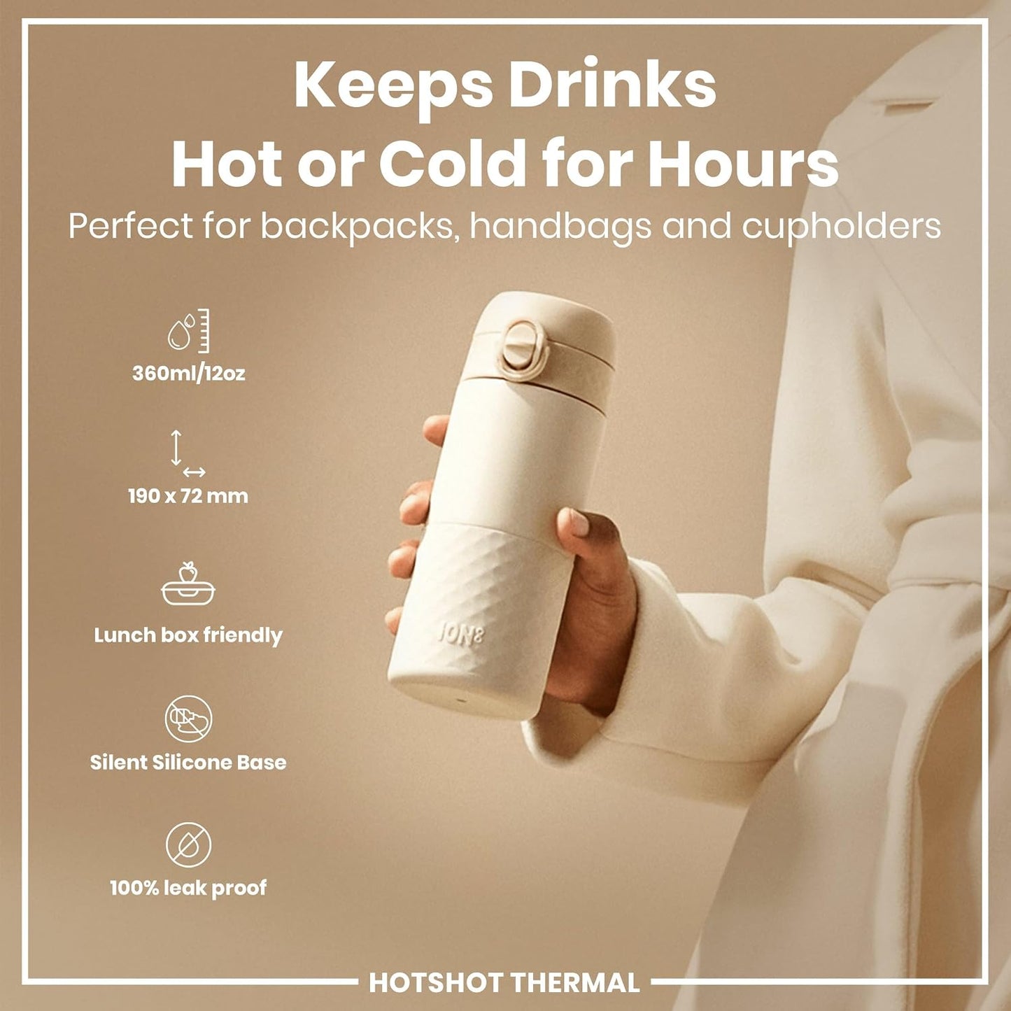 Insulated Travel Mug, 360 ml/12 oz, Leak Proof, Triple Lock Secure, Spill-Free in Transit, Hygienic Cover, Easy-to-Clean, Perfect On-The-Go, Cream, Stainless Steel