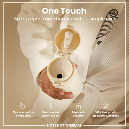 Insulated Travel Mug, 360 ml/12 oz, Leak Proof, Triple Lock Secure, Spill-Free in Transit, Hygienic Cover, Easy-to-Clean, Perfect On-The-Go, Cream, Stainless Steel