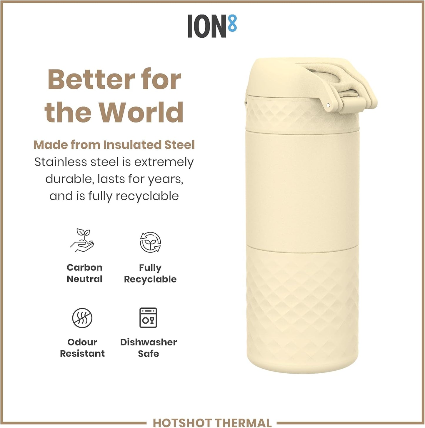 Insulated Travel Mug, 360 ml/12 oz, Leak Proof, Triple Lock Secure, Spill-Free in Transit, Hygienic Cover, Easy-to-Clean, Perfect On-The-Go, Cream, Stainless Steel