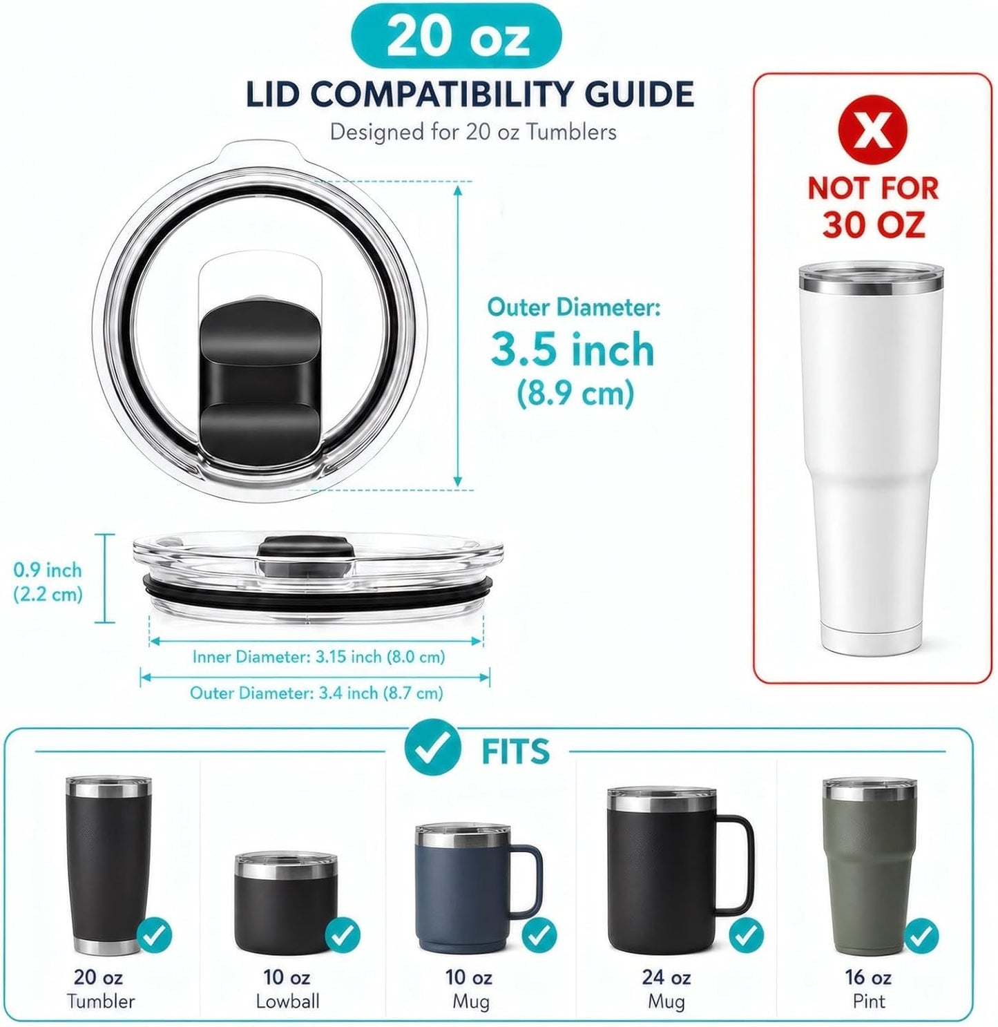 30 oz Tumbler Lid Replacement, 2 Pack Magnetic Slider Lids Compatible with YETI 30 oz Tumbler, 14 oz Mug and 35 oz Straw Mug, BPA-Free Clear Splash-Resistant Covers