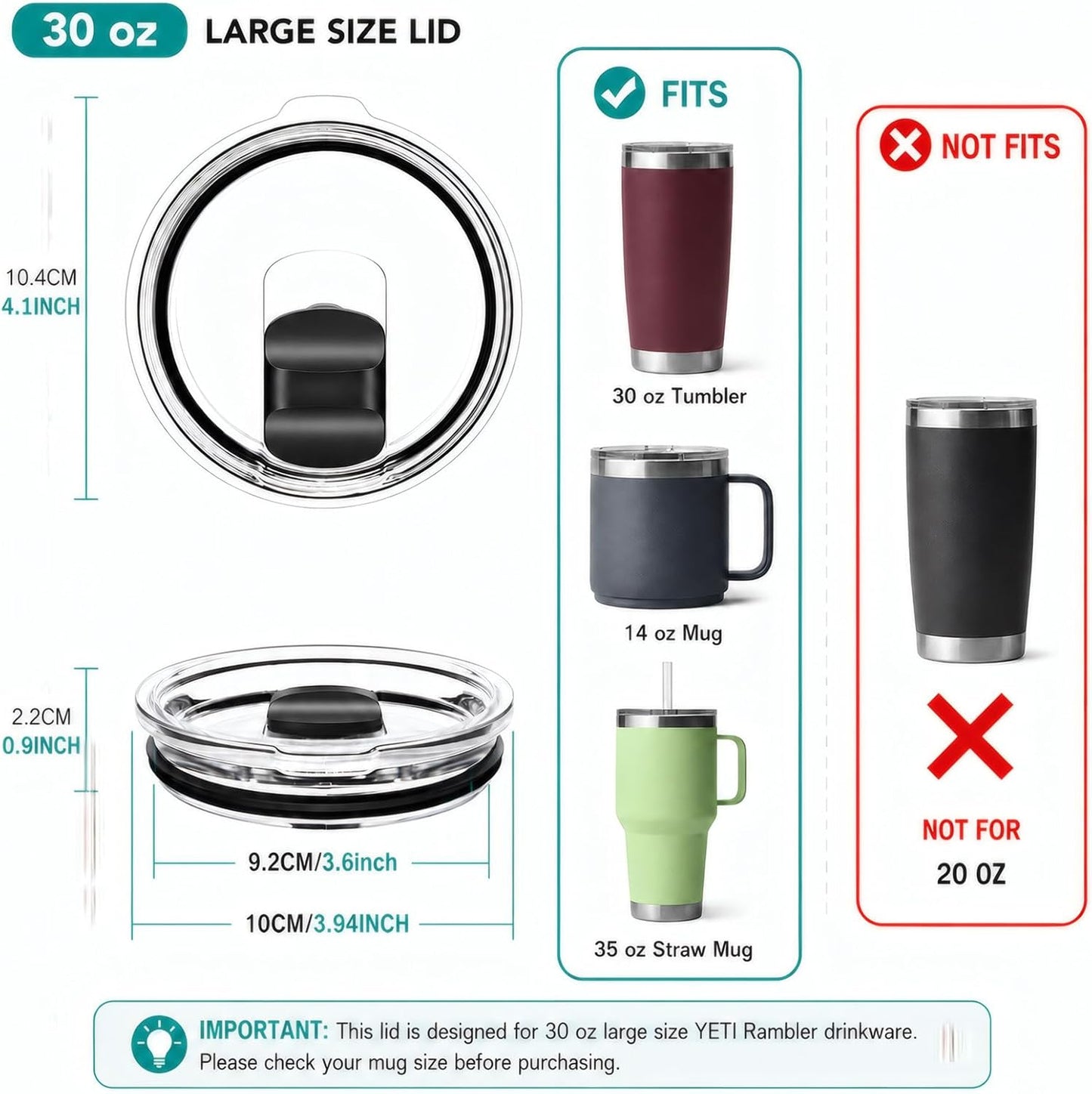 30 oz Tumbler Lid Replacement, 2 Pack Magnetic Slider Lids Compatible with YETI 30 oz Tumbler, 14 oz Mug and 35 oz Straw Mug, BPA-Free Clear Splash-Resistant Covers
