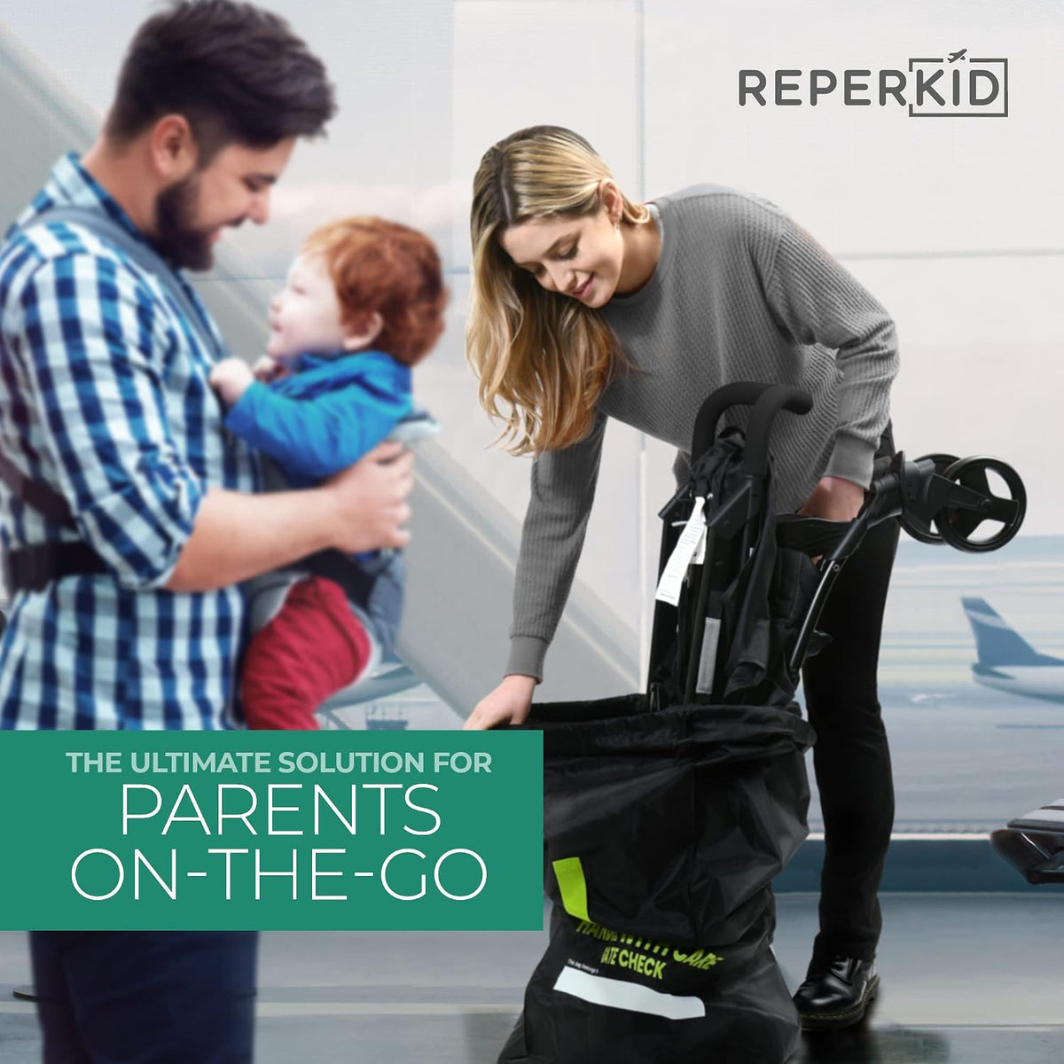 Umbrella Stroller Bag for Airplane Travel, Black and Green, 47" H x 15" W x 12" D, Fits Most Single and Double Umbrella Strollers – Premium Waterproof Cover, Adjustable Shoulder Strap