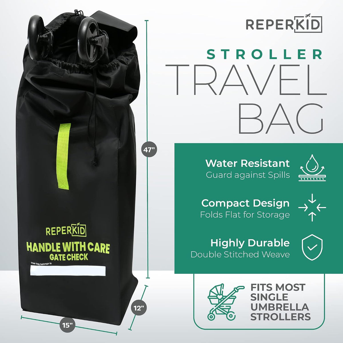 Umbrella Stroller Bag for Airplane Travel, Black and Green, 47" H x 15" W x 12" D, Fits Most Single and Double Umbrella Strollers – Premium Waterproof Cover, Adjustable Shoulder Strap