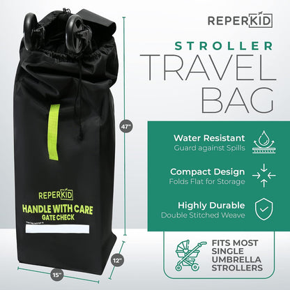Umbrella Stroller Bag for Airplane Travel, Black and Green, 47" H x 15" W x 12" D, Fits Most Single and Double Umbrella Strollers – Premium Waterproof Cover, Adjustable Shoulder Strap