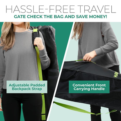 Umbrella Stroller Bag for Airplane Travel, Black and Green, 47" H x 15" W x 12" D, Fits Most Single and Double Umbrella Strollers – Premium Waterproof Cover, Adjustable Shoulder Strap
