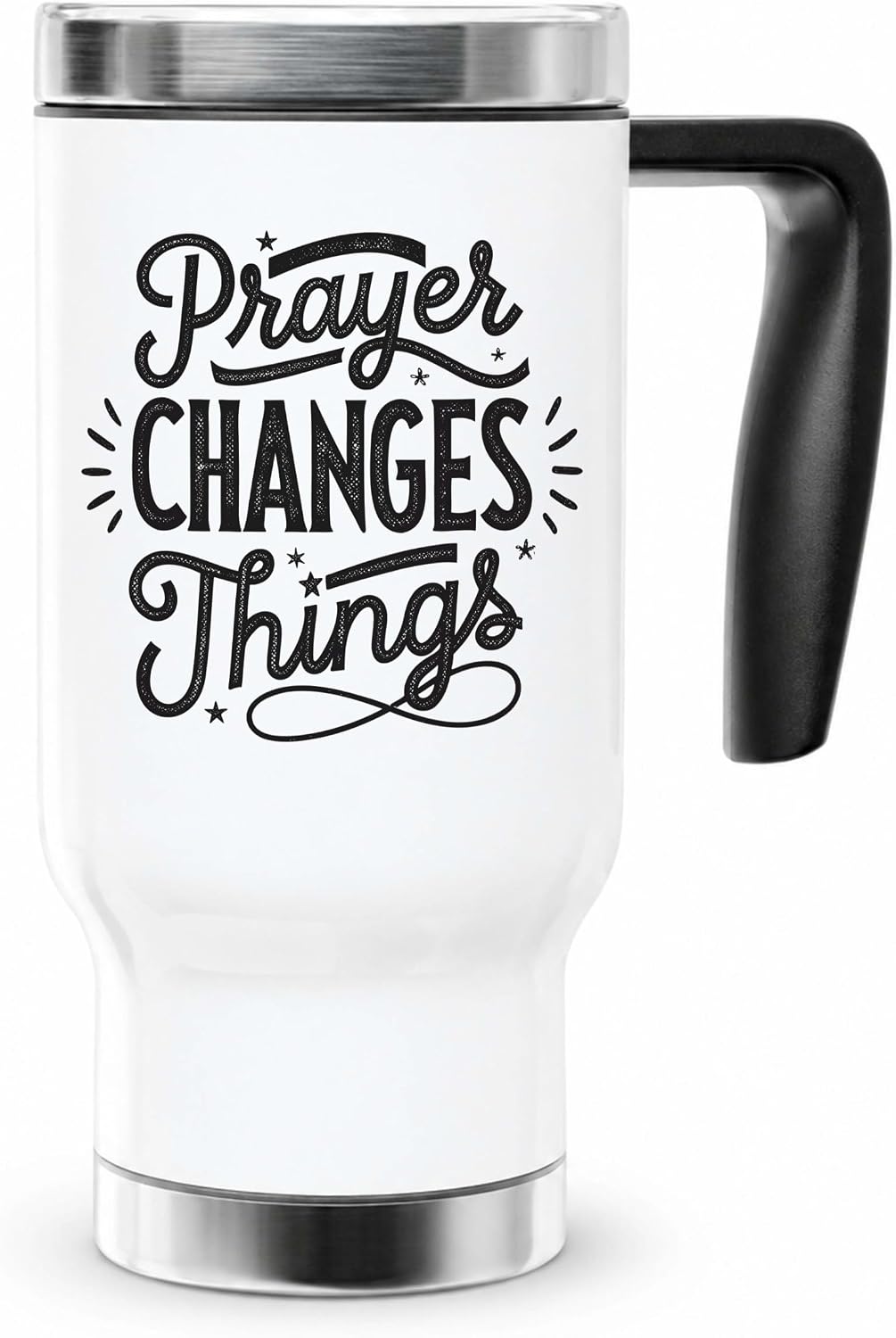Prayer Changes Things 14oz Travel Mug | Faithful Message Typography for Daily Commutes and Desk Routines