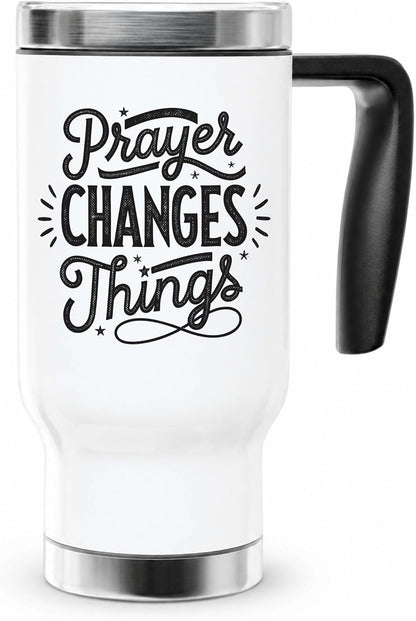 Prayer Changes Things 14oz Travel Mug | Faithful Message Typography for Daily Commutes and Desk Routines
