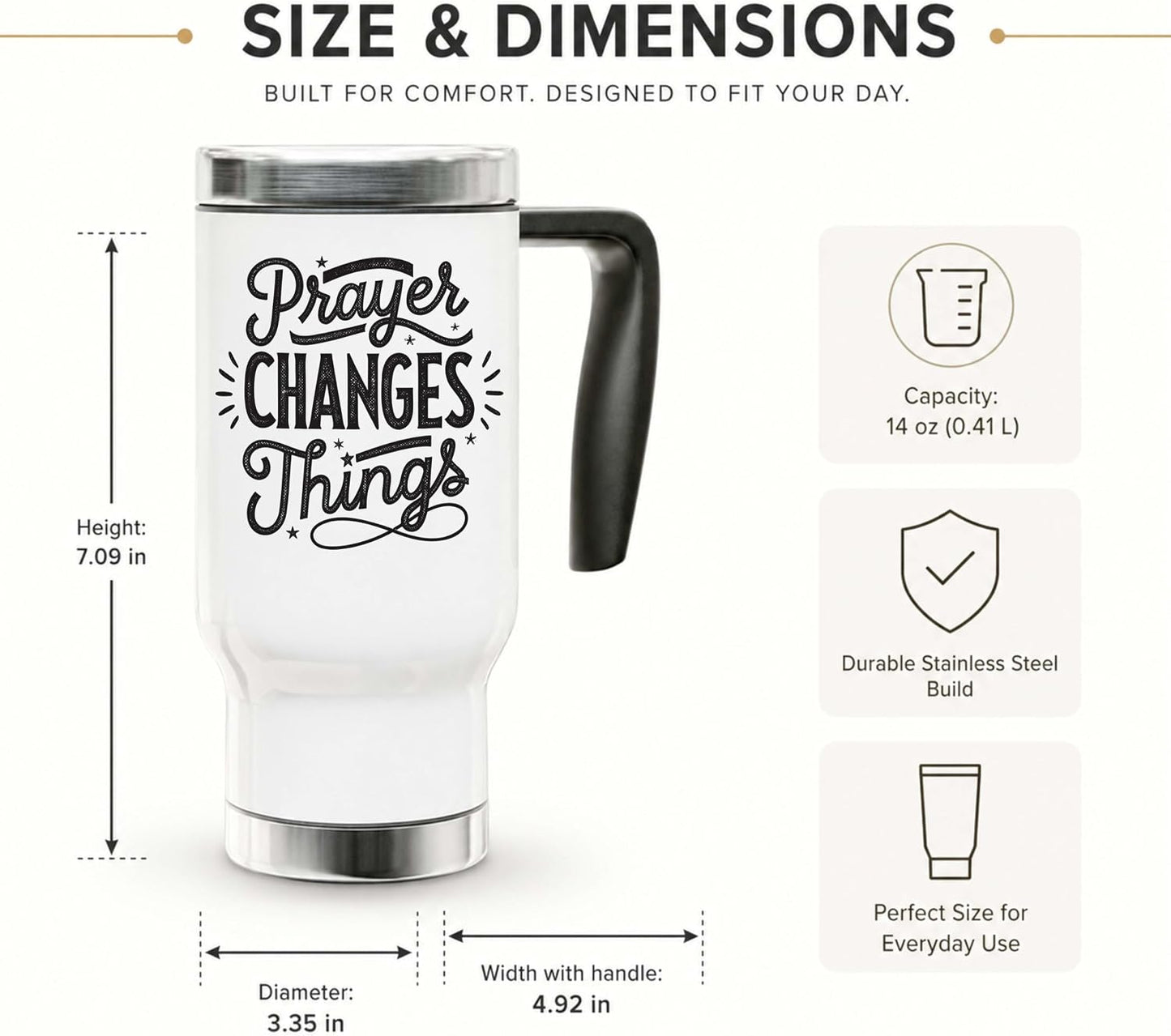 Prayer Changes Things 14oz Travel Mug | Faithful Message Typography for Daily Commutes and Desk Routines