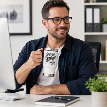 Prayer Changes Things 14oz Travel Mug | Faithful Message Typography for Daily Commutes and Desk Routines