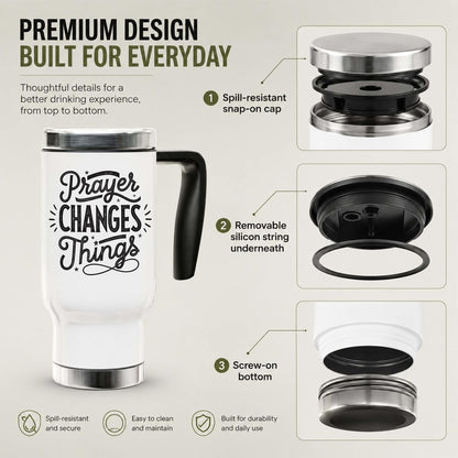 Prayer Changes Things 14oz Travel Mug | Faithful Message Typography for Daily Commutes and Desk Routines