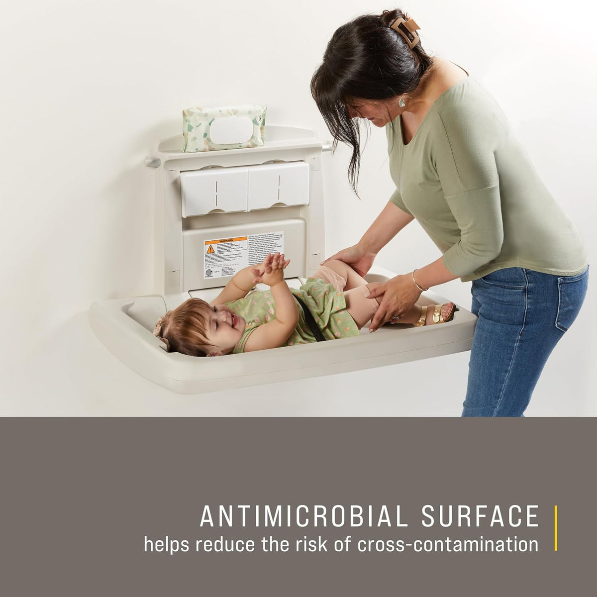 Horizontal Baby Changing Station, Light Platinum, Wall-Mounted Fold-Down Diaper Change Table with Safety Straps for Restaurants/Hotels/Schools/Airports