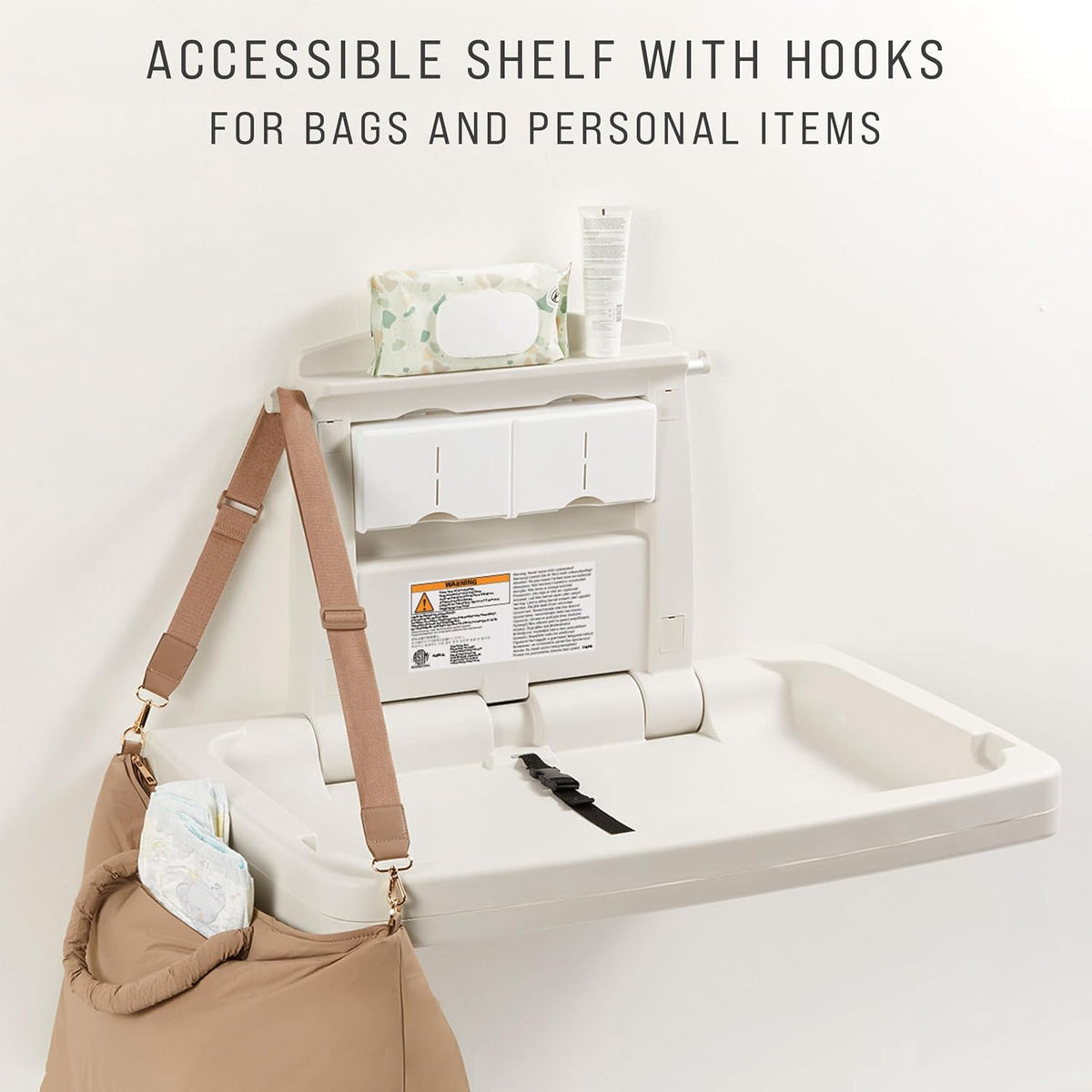 Horizontal Baby Changing Station, Light Platinum, Wall-Mounted Fold-Down Diaper Change Table with Safety Straps for Restaurants/Hotels/Schools/Airports