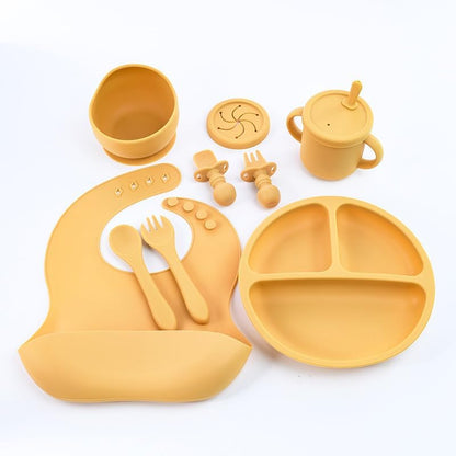 9-Piece Silicone Baby Feeding Set – Bib, Suction Plate, Bowl, Sippy Cup, Spoon, Fork, Training Utensils, Snack Cup – Toddler Self-Feeding Kit