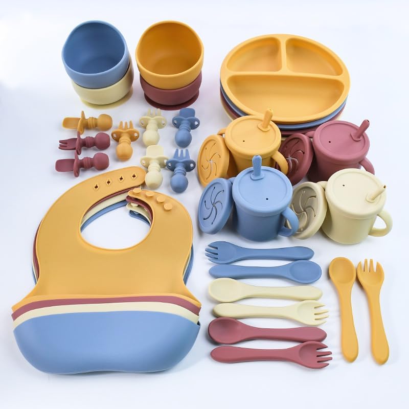 9-Piece Silicone Baby Feeding Set – Bib, Suction Plate, Bowl, Sippy Cup, Spoon, Fork, Training Utensils, Snack Cup – Toddler Self-Feeding Kit