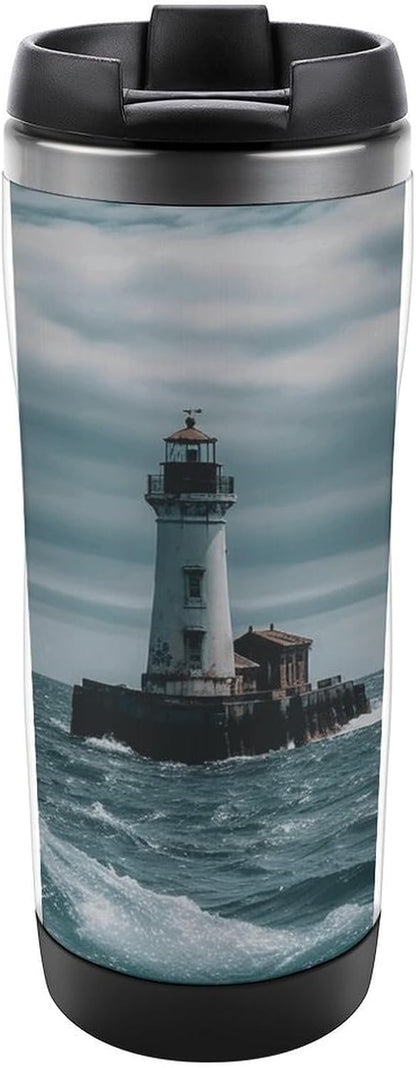 13oz Insulated Travel Coffee Mug Reusable Coffee Cup Water Bottle | Lighthouse Ocean Travel Mug with Leak Proof Lid Double Wall Stainless Steel Coffee Tumbler Personalized Gift