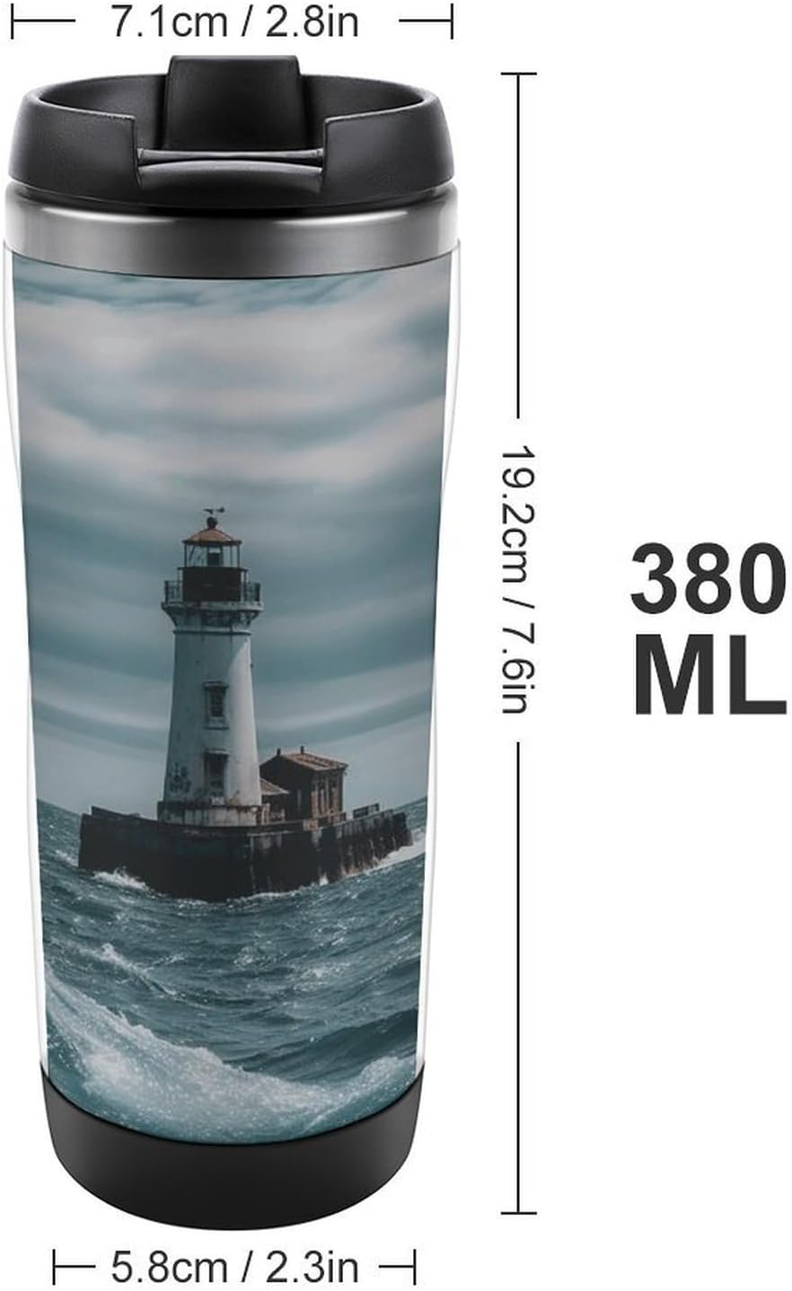 13oz Insulated Travel Coffee Mug Reusable Coffee Cup Water Bottle | Lighthouse Ocean Travel Mug with Leak Proof Lid Double Wall Stainless Steel Coffee Tumbler Personalized Gift