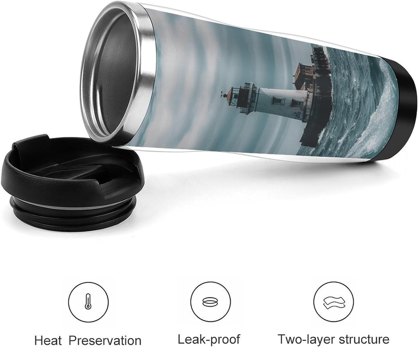 13oz Insulated Travel Coffee Mug Reusable Coffee Cup Water Bottle | Lighthouse Ocean Travel Mug with Leak Proof Lid Double Wall Stainless Steel Coffee Tumbler Personalized Gift