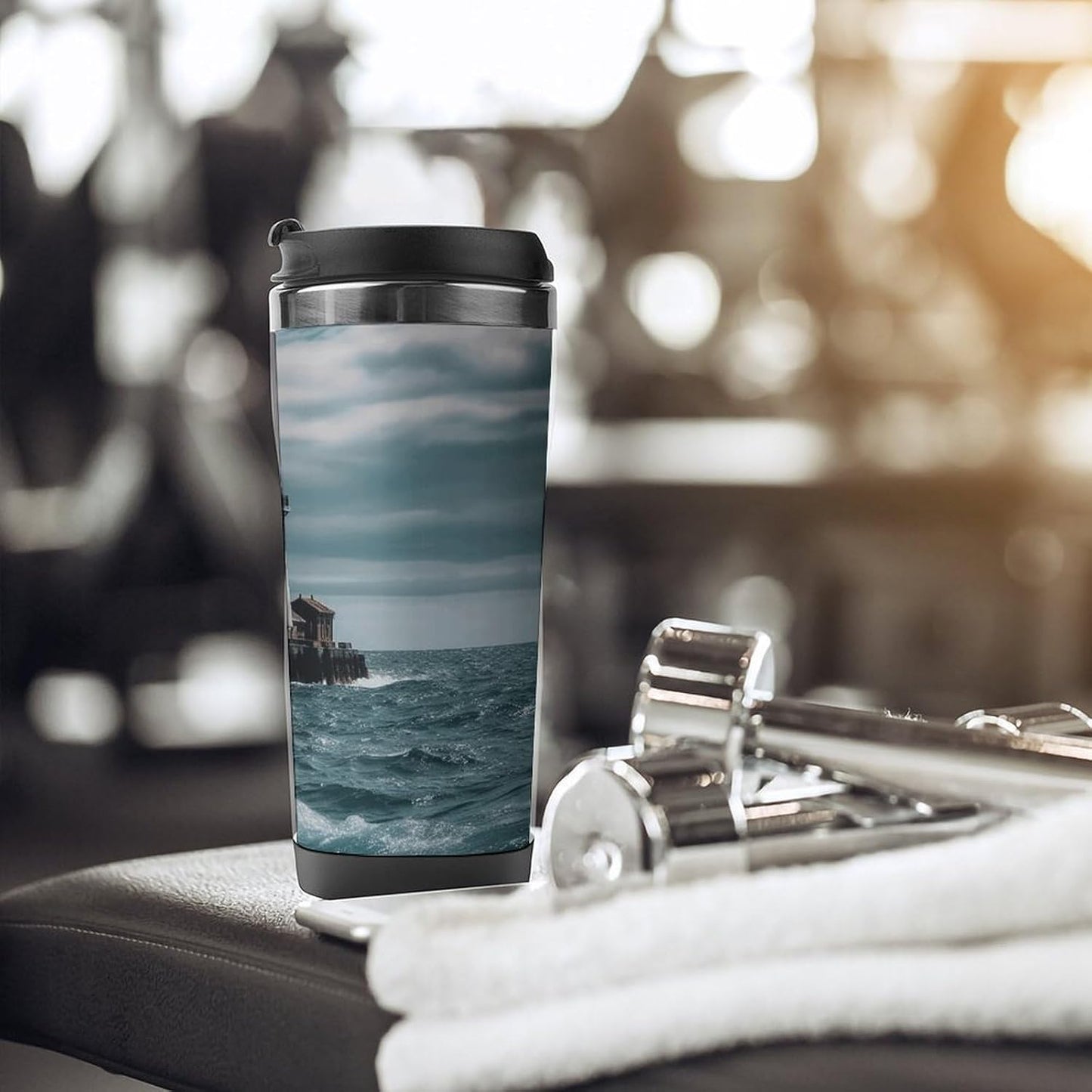 13oz Insulated Travel Coffee Mug Reusable Coffee Cup Water Bottle | Lighthouse Ocean Travel Mug with Leak Proof Lid Double Wall Stainless Steel Coffee Tumbler Personalized Gift