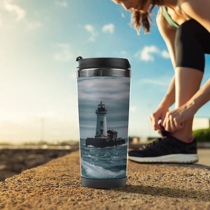 13oz Insulated Travel Coffee Mug Reusable Coffee Cup Water Bottle | Lighthouse Ocean Travel Mug with Leak Proof Lid Double Wall Stainless Steel Coffee Tumbler Personalized Gift