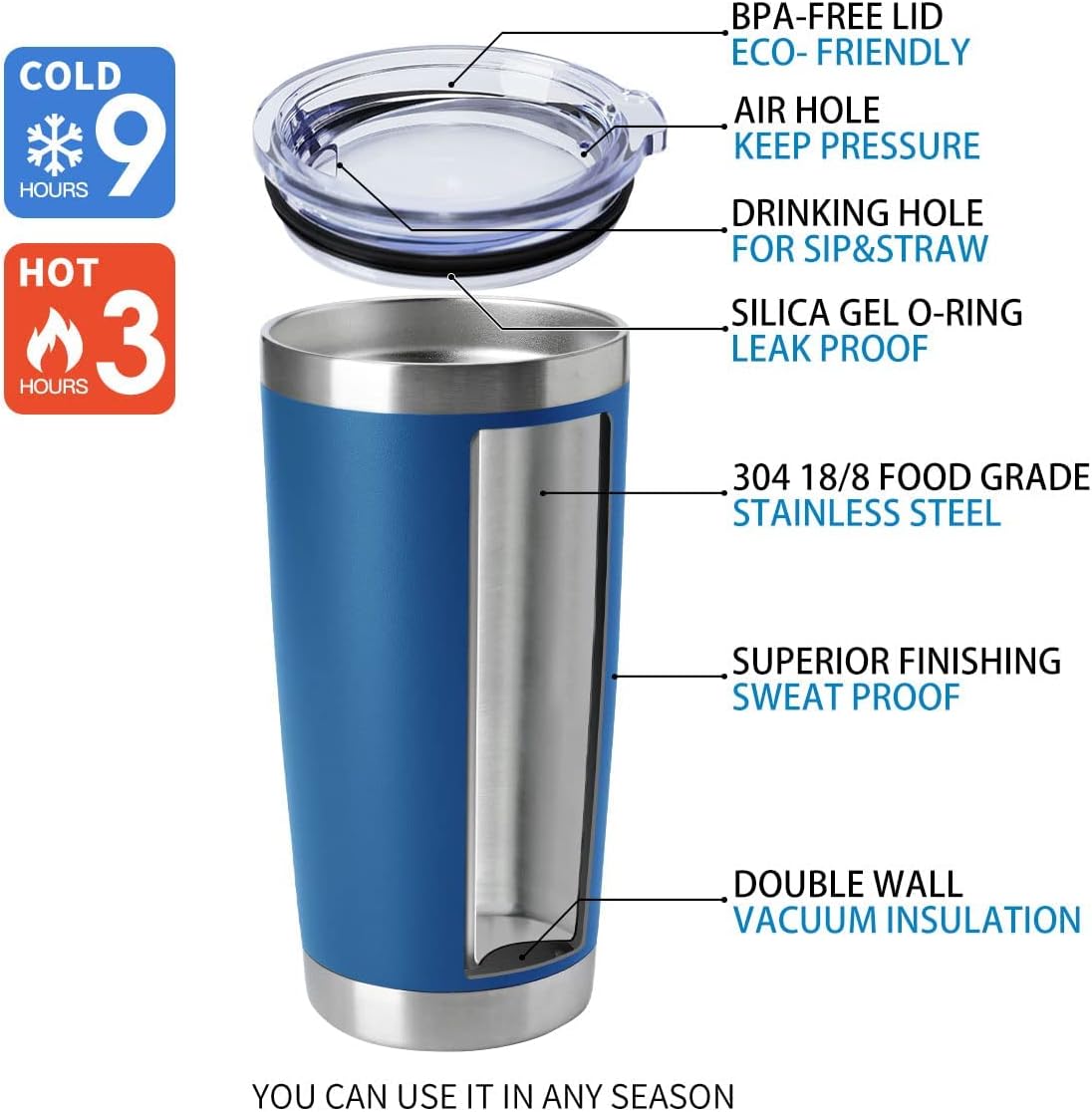 20oz Stainless Steel Tumblers Bulk, Insulated Travel Cup with Lid, Double Wall Vacuum Coffee Mug for Cold & Hot Drinks 1 Pack, Orange