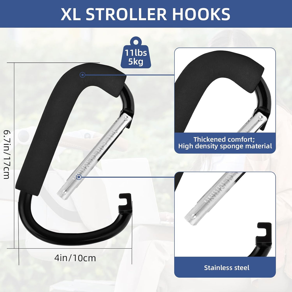 2 Pack Stroller Hooks, 6.3" Large Stroller Clip, Extra Large Carabiner, Big Carabiner Clip Heavy Duty, Universal Stroller Accessories for Mommy, Hang Shopping Bags, Purses, Diaper Bags, and Tools