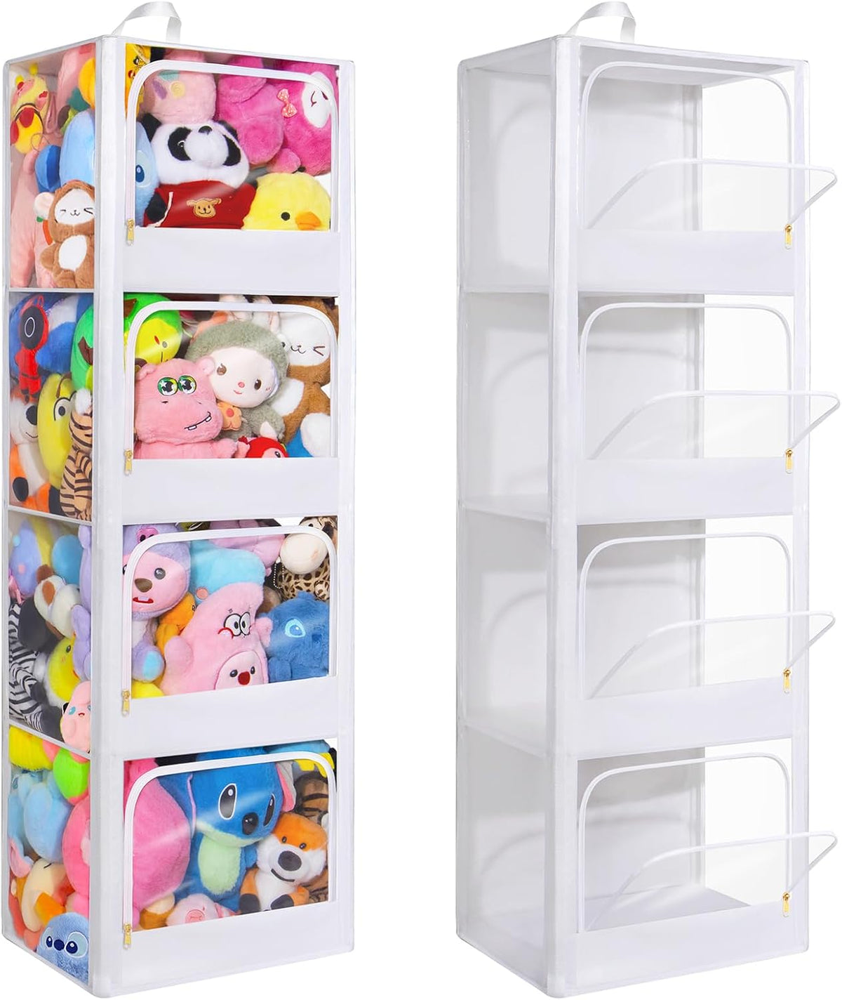 Transparent Dustproof Stuffed Animal Storage - Plushies Storage with Zipper Easy Find Items More Capacity Toy Organizer Horizontal & Vertical Dual-Use 4-Tier Space-Saving Organizer for Kids Room