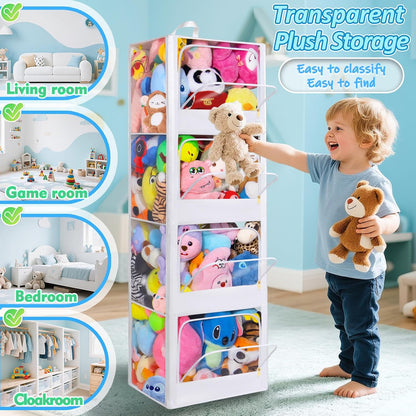 Transparent Dustproof Stuffed Animal Storage - Plushies Storage with Zipper Easy Find Items More Capacity Toy Organizer Horizontal & Vertical Dual-Use 4-Tier Space-Saving Organizer for Kids Room