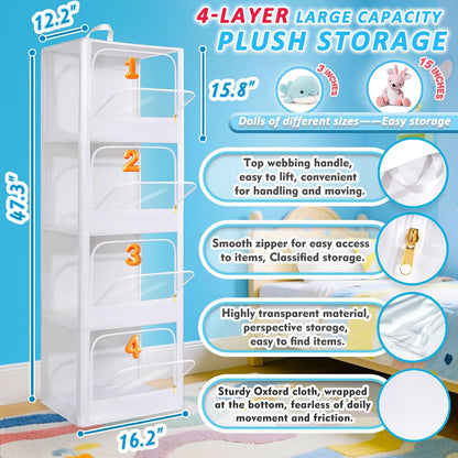 Transparent Dustproof Stuffed Animal Storage - Plushies Storage with Zipper Easy Find Items More Capacity Toy Organizer Horizontal & Vertical Dual-Use 4-Tier Space-Saving Organizer for Kids Room