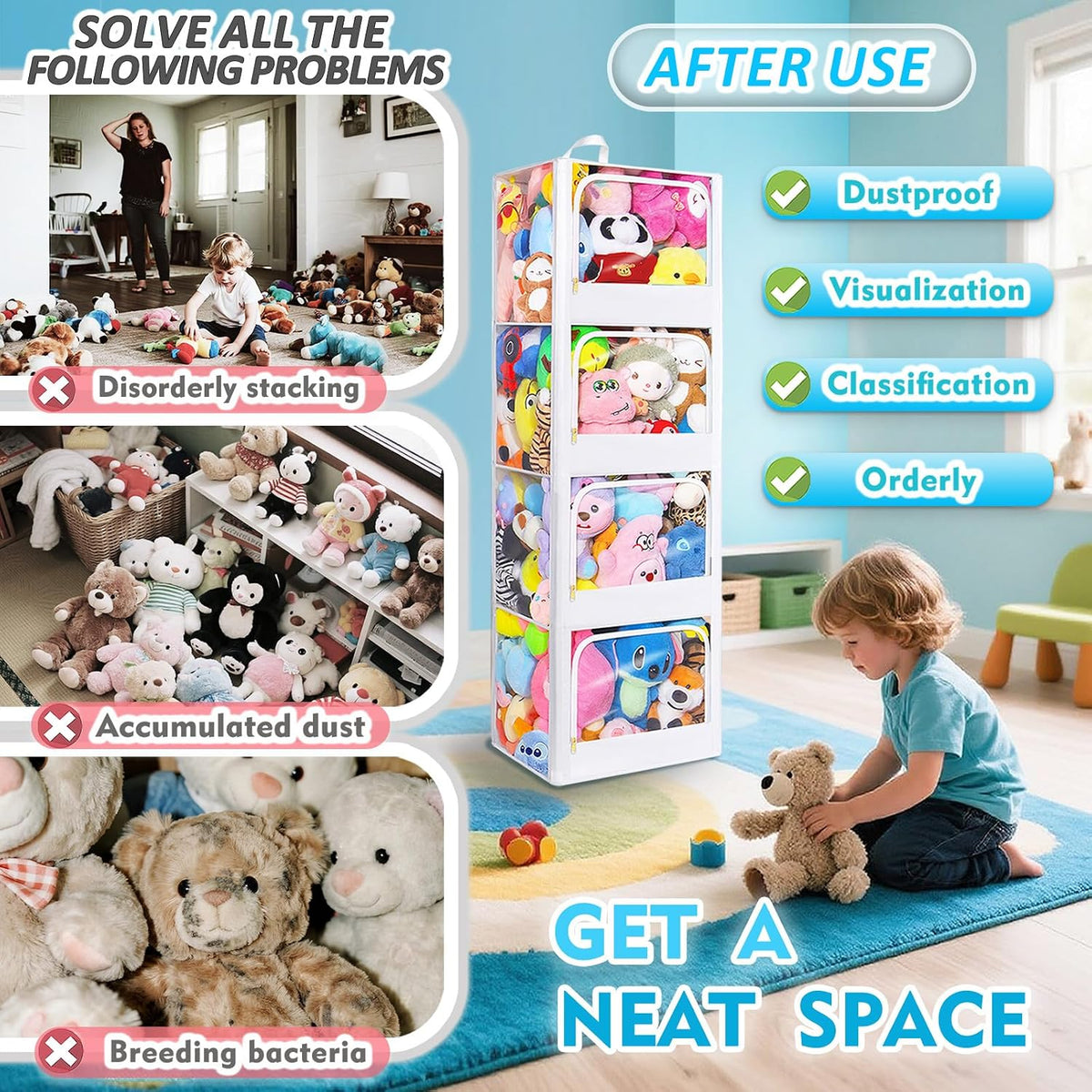 Transparent Dustproof Stuffed Animal Storage - Plushies Storage with Zipper Easy Find Items More Capacity Toy Organizer Horizontal & Vertical Dual-Use 4-Tier Space-Saving Organizer for Kids Room