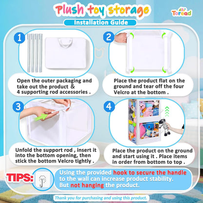 Transparent Dustproof Stuffed Animal Storage - Plushies Storage with Zipper Easy Find Items More Capacity Toy Organizer Horizontal & Vertical Dual-Use 4-Tier Space-Saving Organizer for Kids Room
