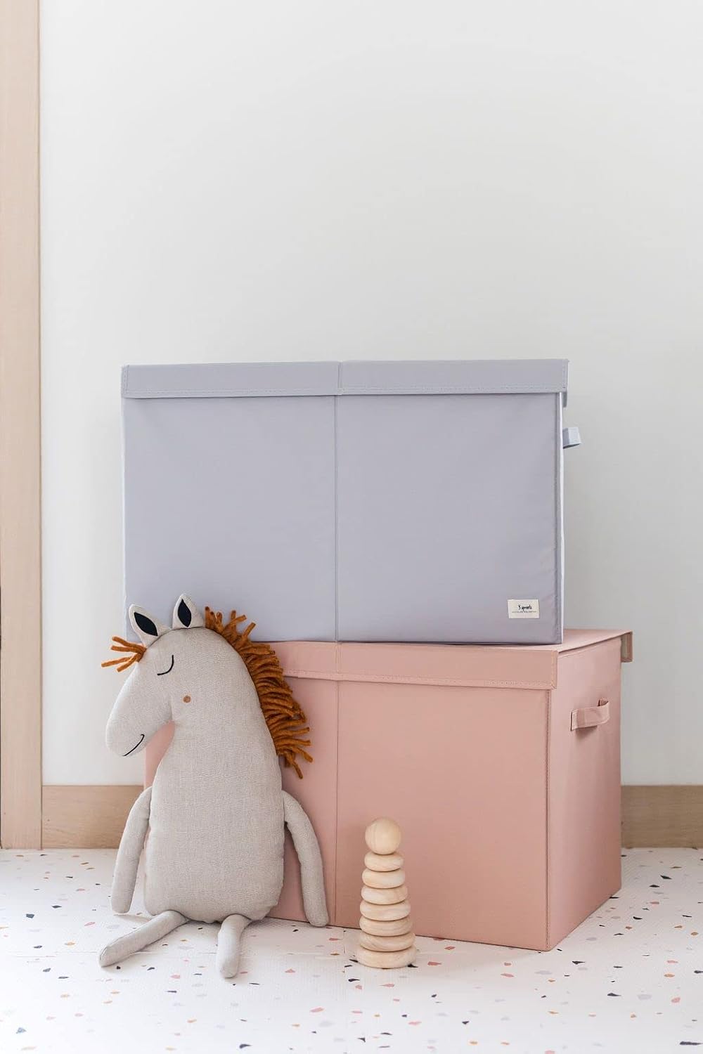 Recycled Fabric Toy Chest, Extra Large, With Lid, Gingham Beige