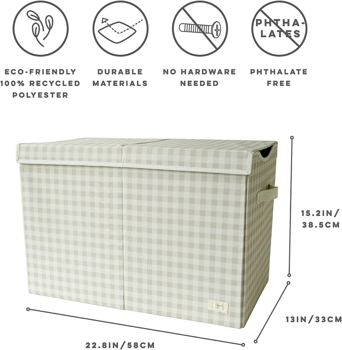 Recycled Fabric Toy Chest, Extra Large, With Lid, Gingham Beige