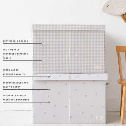 Recycled Fabric Toy Chest, Extra Large, With Lid, Gingham Beige