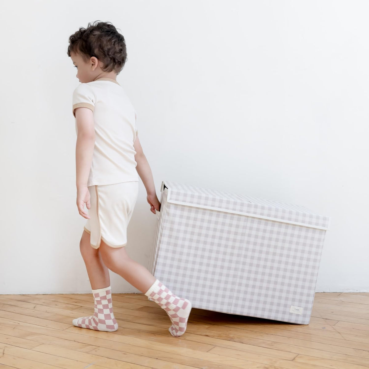 Recycled Fabric Toy Chest, Extra Large, With Lid, Gingham Beige