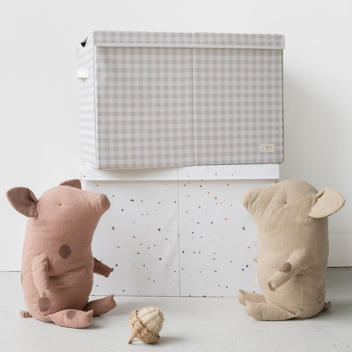 Recycled Fabric Toy Chest, Extra Large, With Lid, Gingham Beige