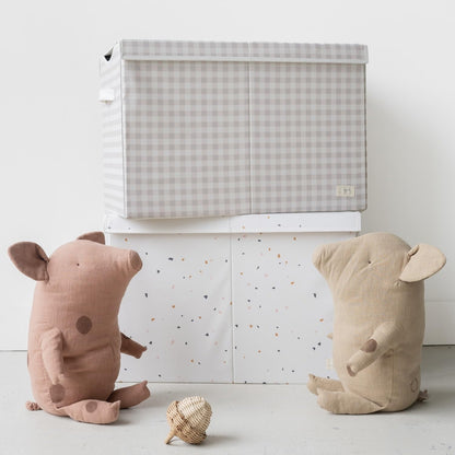 Recycled Fabric Toy Chest, Extra Large, With Lid, Gingham Beige