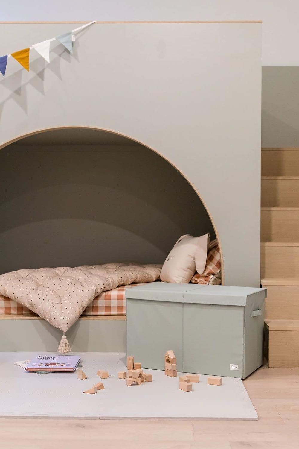 Recycled Fabric Toy Chest, Extra Large, With Lid, Gingham Beige