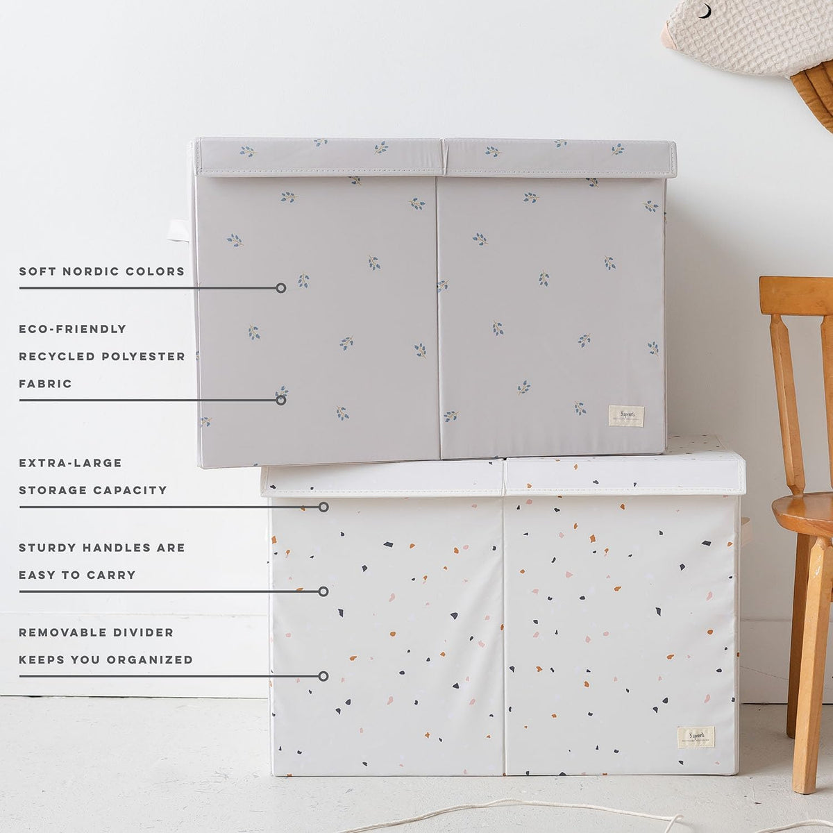 Recycled Fabric Toy Chest, Extra Large, With Lid, Gingham Beige